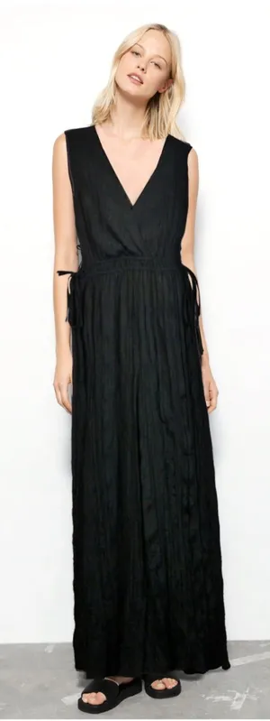Zara Jumpsuit Womens M Black Sleeveless V-Neck Wrinkled Satin Effect Wide Legs thumbnail 1