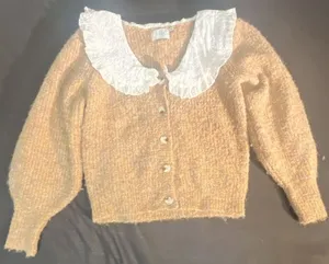 Lush Taupe Knit Cardigan with White Eyelet Peter Pan Collar thumbnail 2