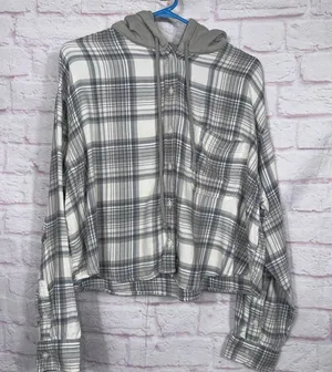 American Eagle Hooded Flannel Shirt - Gray Plaid, Size L thumbnail 1