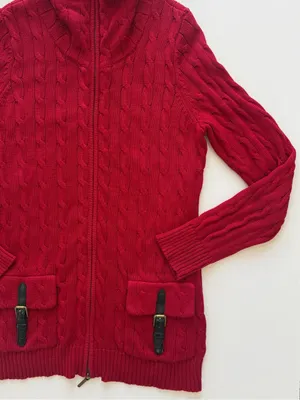 Lauren - Ralph Lauren Red Cable Knit Zip Up Cardigan Size Medium thumbnail 3