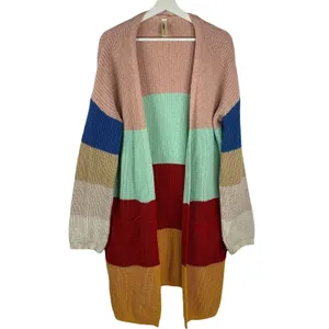 Boho L / XL Cardigan Knit Sweater Long Rainbow Striped Open Front Lara Fashion thumbnail 2