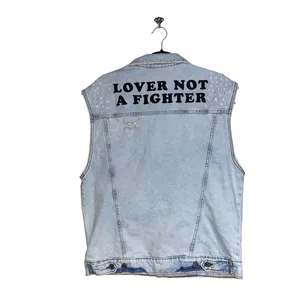 NWT H&M Denim Vest with Printed Design Distressed Denim Vest M thumbnail 9