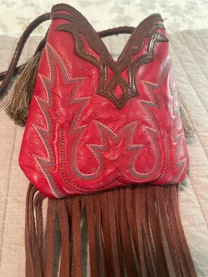 Red Leather Fringe Crossbody Mini Bag with Brown Trim thumbnail 3