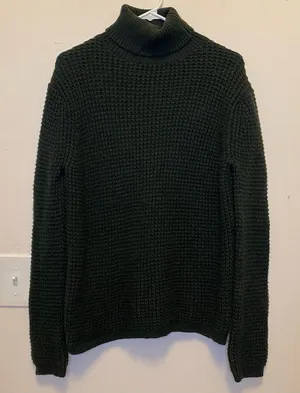 JENNI KAYNE Wool Blend Waffle Knit Turtleneck Sweater in Dark Green Sz Small thumbnail 1