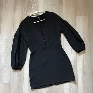 Zara Voluminous Cotton Gauze V Neck Puff Sleeve Mini Dress Black (Medium) party thumbnail 1