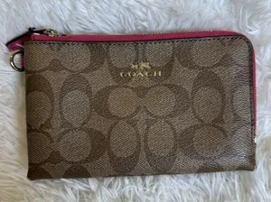 COACH Pink and Brown Signature Coated Canvas Pouch thumbnail 1