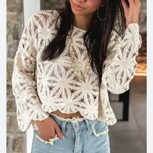 Rebellion NEW Cream Cotton Crochet Long Sleeve Sweater M thumbnail 1