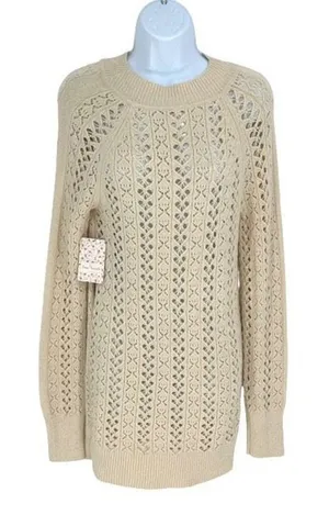 Free People Womens Open Knit Long‎ Sleeve Tunic Sweater Ivory Size Medium NWT thumbnail 1