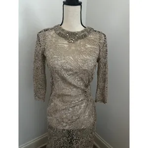 Teri Jon Gold Lace Beaded Neck Mermaid Gown Size 8 Vintage Designer Sheer Dress thumbnail 3