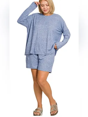 NEW! Plus Size LT Navy Plus soft melange long sleeve tee & shorts set Size 2X thumbnail 2