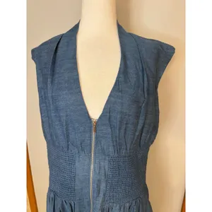 Anthropologie Tommie Denim Eyelet Trim Dress Blue cotton Midi Zip Front L NEW thumbnail 8