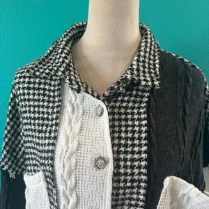 POL Houndstooth Sweater Shacket Black & Cream Oversized Patchwork Shirt Jacket S thumbnail 3
