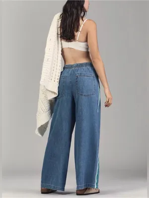 Pilcro Anthropologie The Surfer Drawstring Wide Leg Side Stripe Jean Denim S thumbnail 3