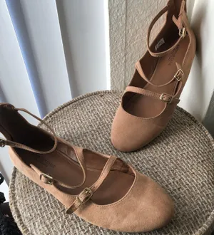 Brown faux suede tripe strap maryjane flats with buckle closure thumbnail 1