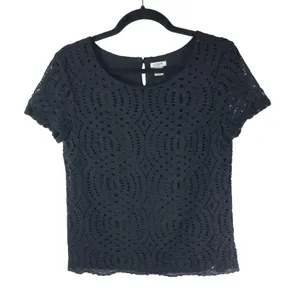 J Crew Womens Lace Tee Top Keyhole Back Scoop Neck Black 4 thumbnail 1