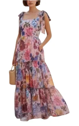 AUDREY PARKS+francesca's Floral Tiered Maxi Dress Tie Straps - Pink Multi S M thumbnail 1