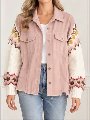 POL Jacket Sz Large Pink Corduroy Fair Isle Sweater Knit Sleeve Boho Trucker thumbnail 1