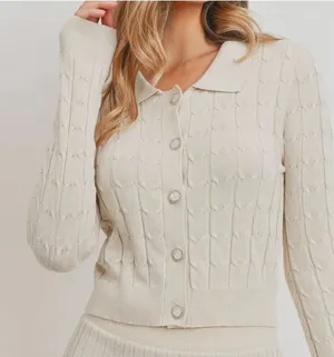 SWEET RAIN Womens Beige Cable Knit Collared Cropped Cardigan‎ Sweater Size L thumbnail 1