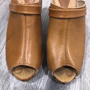 Sanita Leather Studded Wooden Heel Peep Open Toe Brown Heeled Clog Mules 39/8.5 thumbnail 8