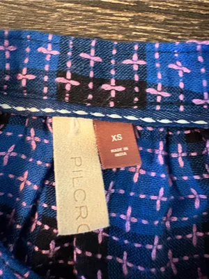 Anthropologie Pilcro Button Up Womens XS Blue Embroidered Plaid Crew Neck Blouse thumbnail 7