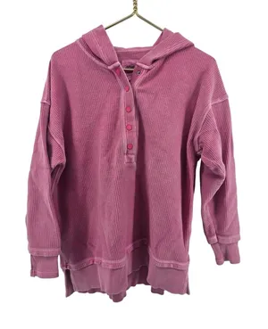 Aerie Hoodie Womens XS Henley Ribbed Corded Pink Long Sleeve Pullover‎ EUC thumbnail 1