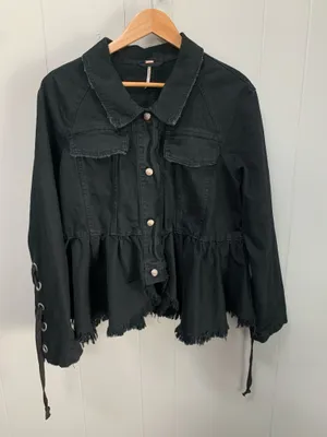 Free People Willow Black Denim Jacket Peplum Raw Hem Lace Up Cuff Military Medium thumbnail 3