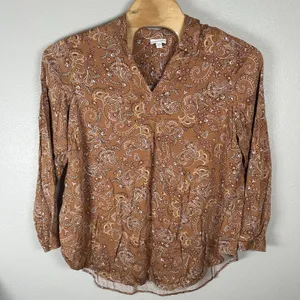 J Jill Womens Size XLTall‎ Brown Paisley Boho Tunic Top Long Sleeve Viscose thumbnail 1