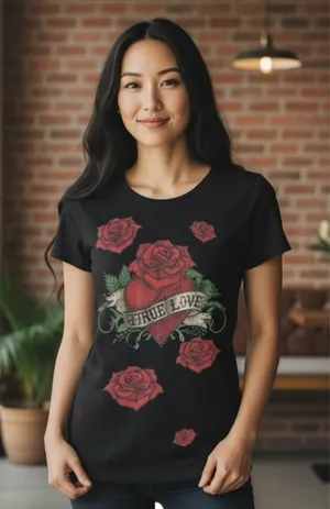 Y2K: Broken Heart ✿ Crystal Rose Tattoo Tee T Shirt ✿ Black Small ✿ Stretch Fit thumbnail 1