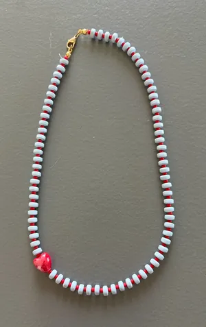 Baby Blue and Red beaded necklace thumbnail 1