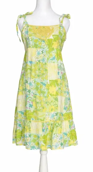 Lilly Pulitzer Patchwork Linen‎ Dress Size 4 Green Yellow Floral Tie Strap Lace thumbnail 1