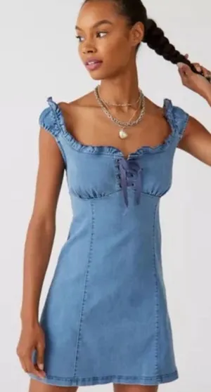 Urban Outfitters Nayda Denim Ruffle Lace up Stretch Mini Dress womens XS new thumbnail 1