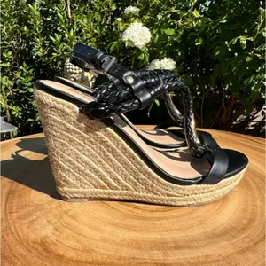 DOLCE VITA Wedge Sandals in Black Leather and Gold Hardware Size 6 thumbnail 2