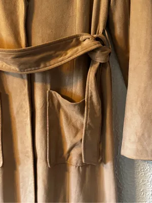 Badgley Mischka Tan Faux Suede Camel Long Belted Trench Coat thumbnail 5