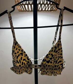 Leopard Print Ruffle swim top in Cream and Black thumbnail 1