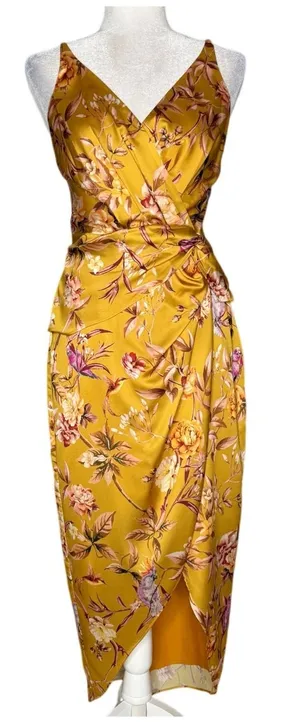NWOT Express Satin Mustard Yellow Floral Bird Twist Front Tulip Midi Dress Small thumbnail 1