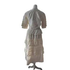 LoveShackFancy Rebecca 100% Cotton White Lace Embroidered Tiered Midi Dress thumbnail 10