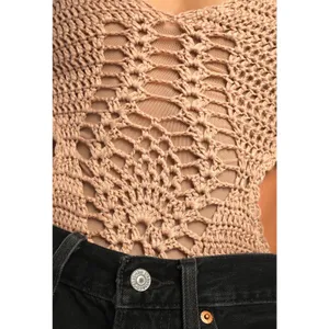 Lulus Beige Crochet Cutout Bodysuit One Piece Swim Coverup Festival Boho Medium thumbnail 4