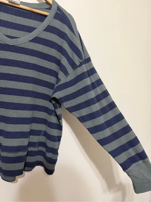 Aerie OFFLINE Wow Oversized Waffle Thermal Top Size Large Striped Green Blue thumbnail 5