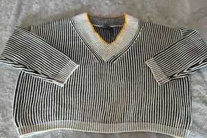 Women’s SHEIN Black & White Striped V-Neck Sweater with Yellow Trim Size Medium thumbnail 1
