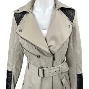 Guess Women's Tan Leather Trim Long Sleeve Zip Up Belted Trench Coat Jacket Sz S thumbnail 3