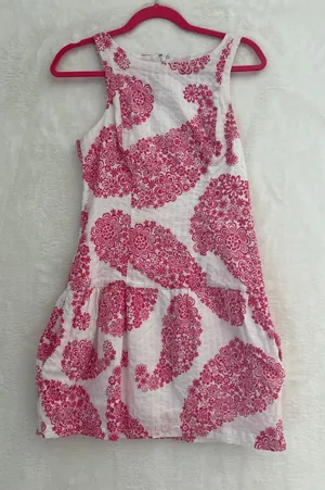 Tori Richard Pink‎ White Floral Seersucker Drop Waist Mini Dress Pockets Size 4 thumbnail 1