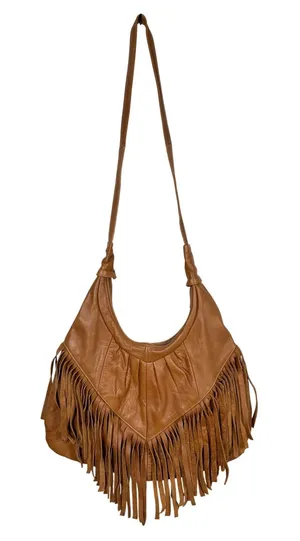 VTG Brown Genuine Leather Fringe Hobo Bag Boho Crossbody Made in Mexico Western thumbnail 1