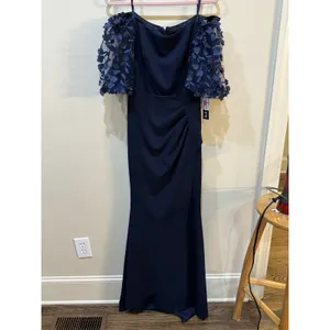 Xscape "BERNICE" TECHNO‎ SCUBA 3D FLORAL SLEEVE FLOOR LENGTH DRESS Navy Size 4 thumbnail 4