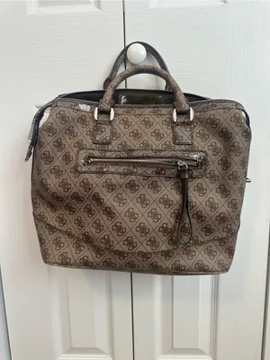 GUESS Brown Monogram Satchel Purse with Logo Plaque thumbnail 4