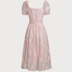 Rihoas Pink Square Neck Puffed Sleeve Midi Dress thumbnail 7