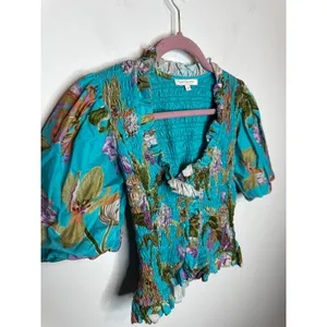 Love The Label Green Floral Ruffle Puff Short Sleeve Cotton Blouse Size XS thumbnail 6