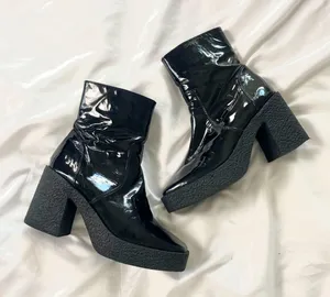 Urban Outfitters (UO) Aria Black Vegan Patent Leather Chunky Heeled Boots US 8 thumbnail 1