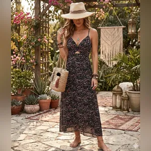 ZAFUL Women's Spaghetti Strap Floral Summer Hollow Twist Front Maxi Dresses Sexy thumbnail 3