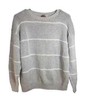 Naf Naf‎ Vintage Gray Striped 100% Cotton Chunky Knit Crewneck Sweater Peru thumbnail 1