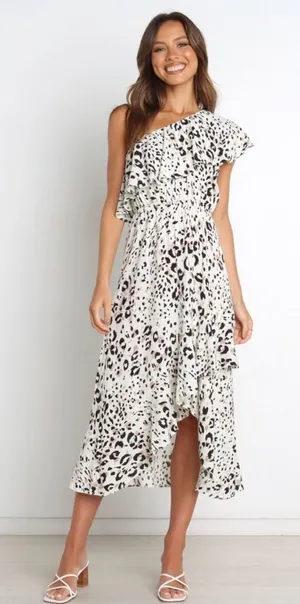 Petal & Pup White Dress Adette Midi Dress‎ Animal Print One Shoulder Size 6 thumbnail 1
